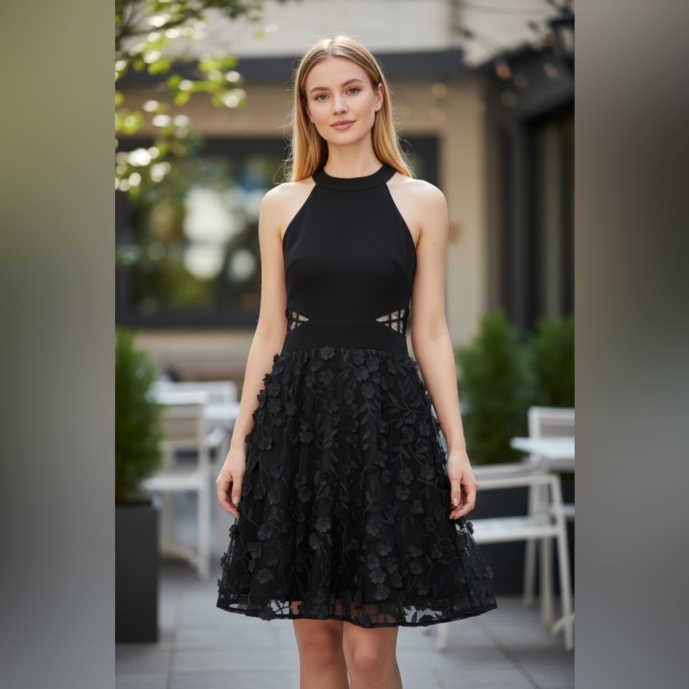 Xscape Black Dress with Floral Details